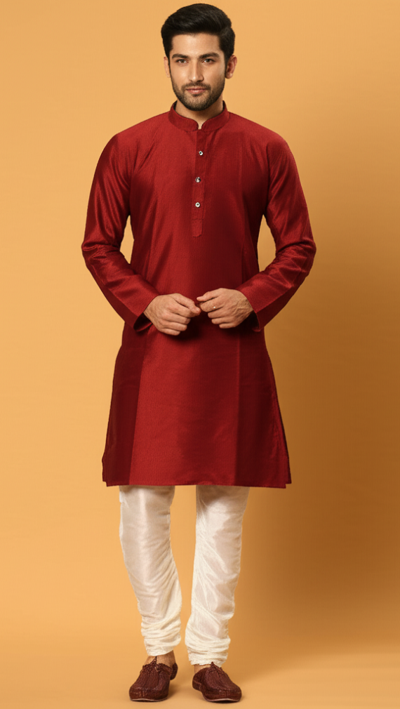 Man wearing a maroon kurta with white pants on a beige background